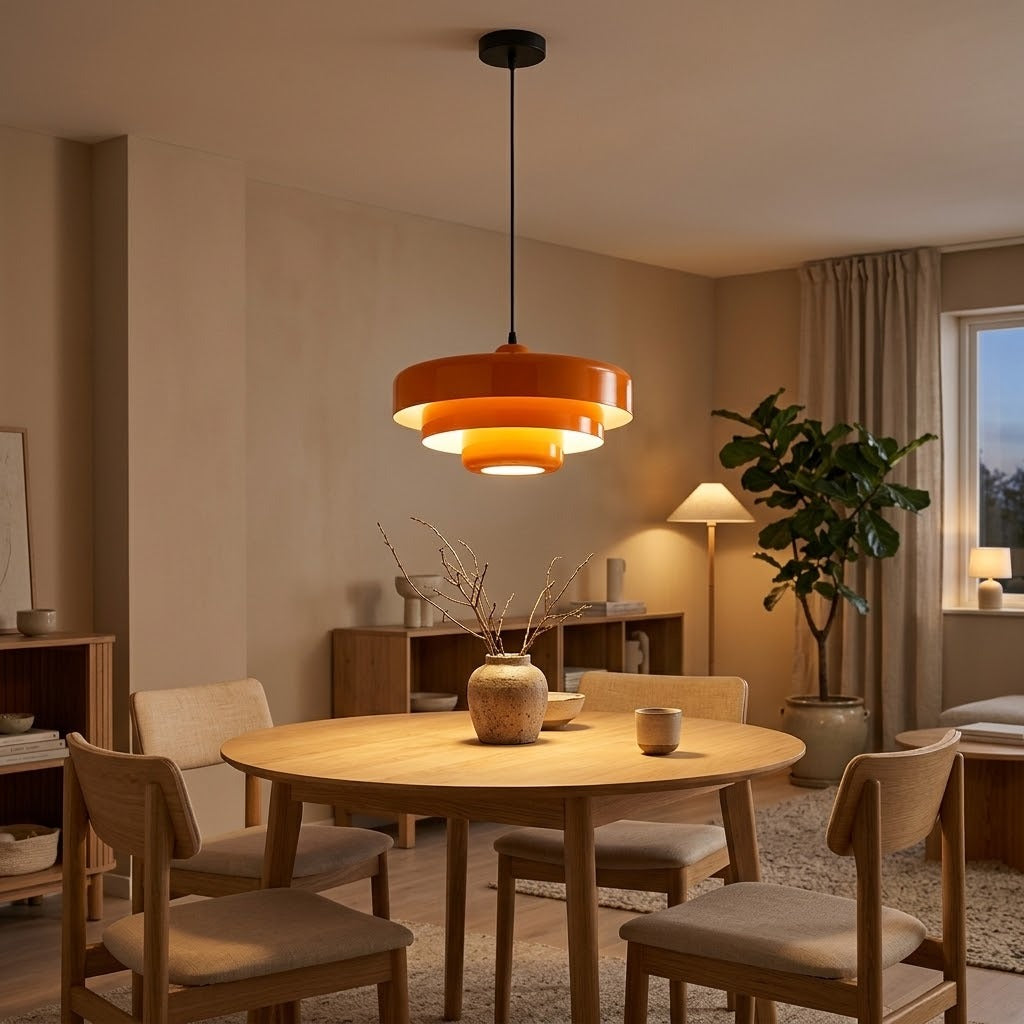 Suspension Bauhaus orange au-dessus d'une table à manger