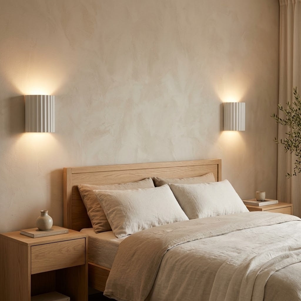 Deux appliques murales cannelées blanches allumées de part et d'autre d'un lit, le soir