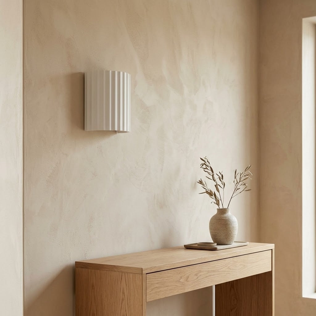 Applique cannelée blanche au-dessus d'une console en chêne, à la lumière du jour