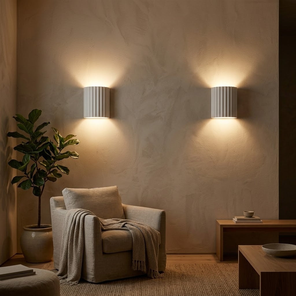 Appliques cannelées allumées de nuit, faisceaux de lumière chaude sur un mur beige