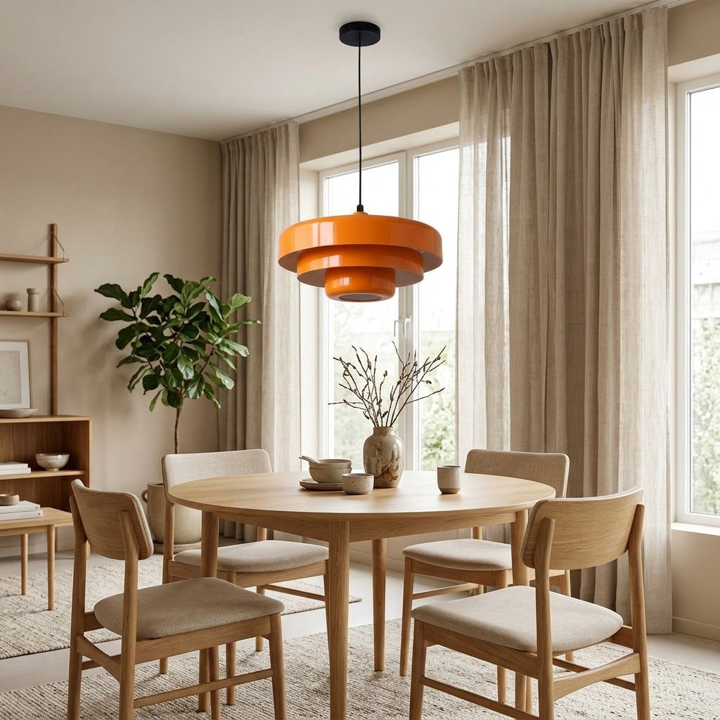 Suspension Bauhaus orange au-dessus d'une table ronde en bois, à la lumière du jour