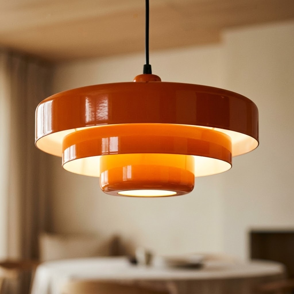 Détail des trois disques en métal laqué orange de la suspension Bauhaus