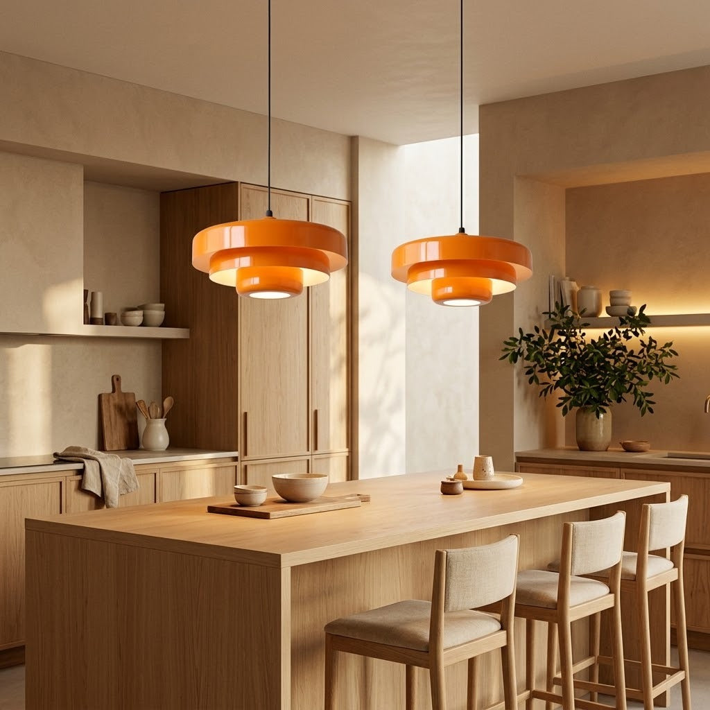 Deux suspensions Bauhaus orange au-dessus d'un îlot de cuisine