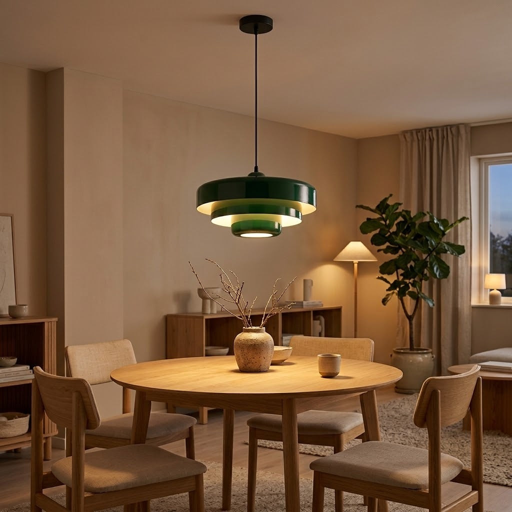 Suspension Bauhaus coloris vert foncé au-dessus d'une table à manger