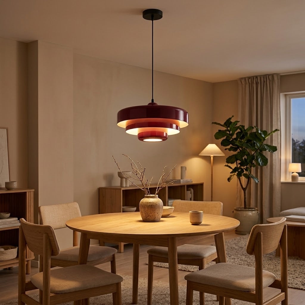 Suspension Bauhaus coloris bordeaux au-dessus d'une table à manger