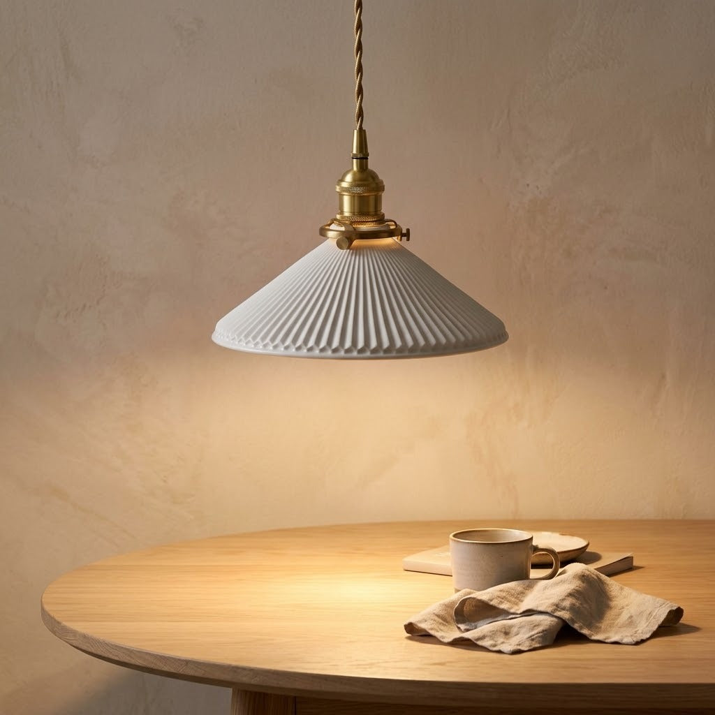Suspension en céramique plissée allumée, lumière chaude diffusée sur une table en bois