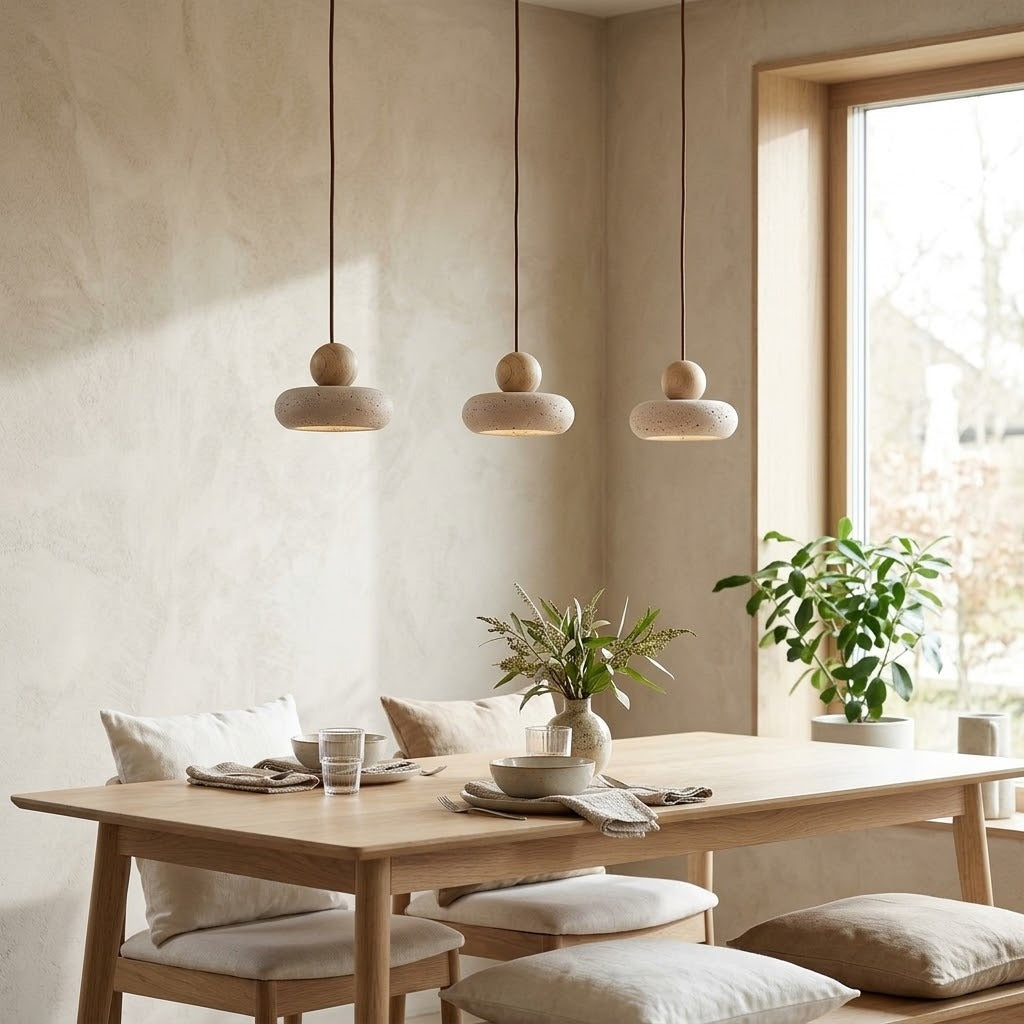 Trois suspensions champignon en pierre au-dessus d'une table en chêne en journée