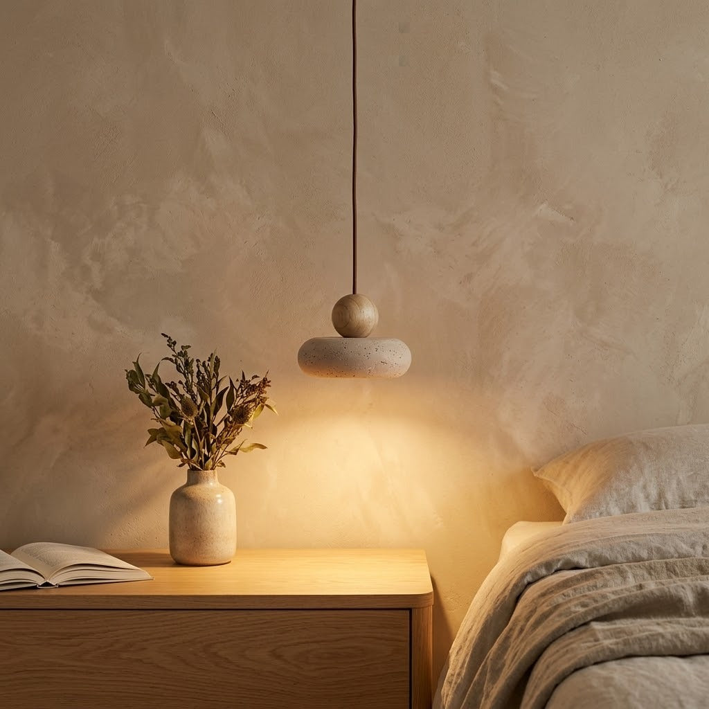 Lumière chaude de la suspension champignon sur une table de chevet