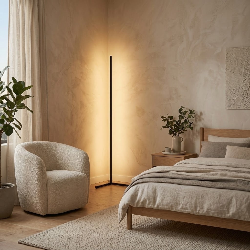 Lampadaire d'angle 150 cm dans une chambre à côté d'un lit et d'un fauteuil