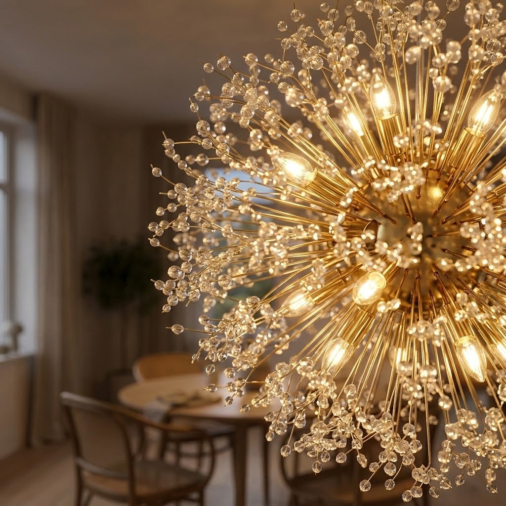 Détail des tiges dorées et des perles transparentes du lustre pissenlit