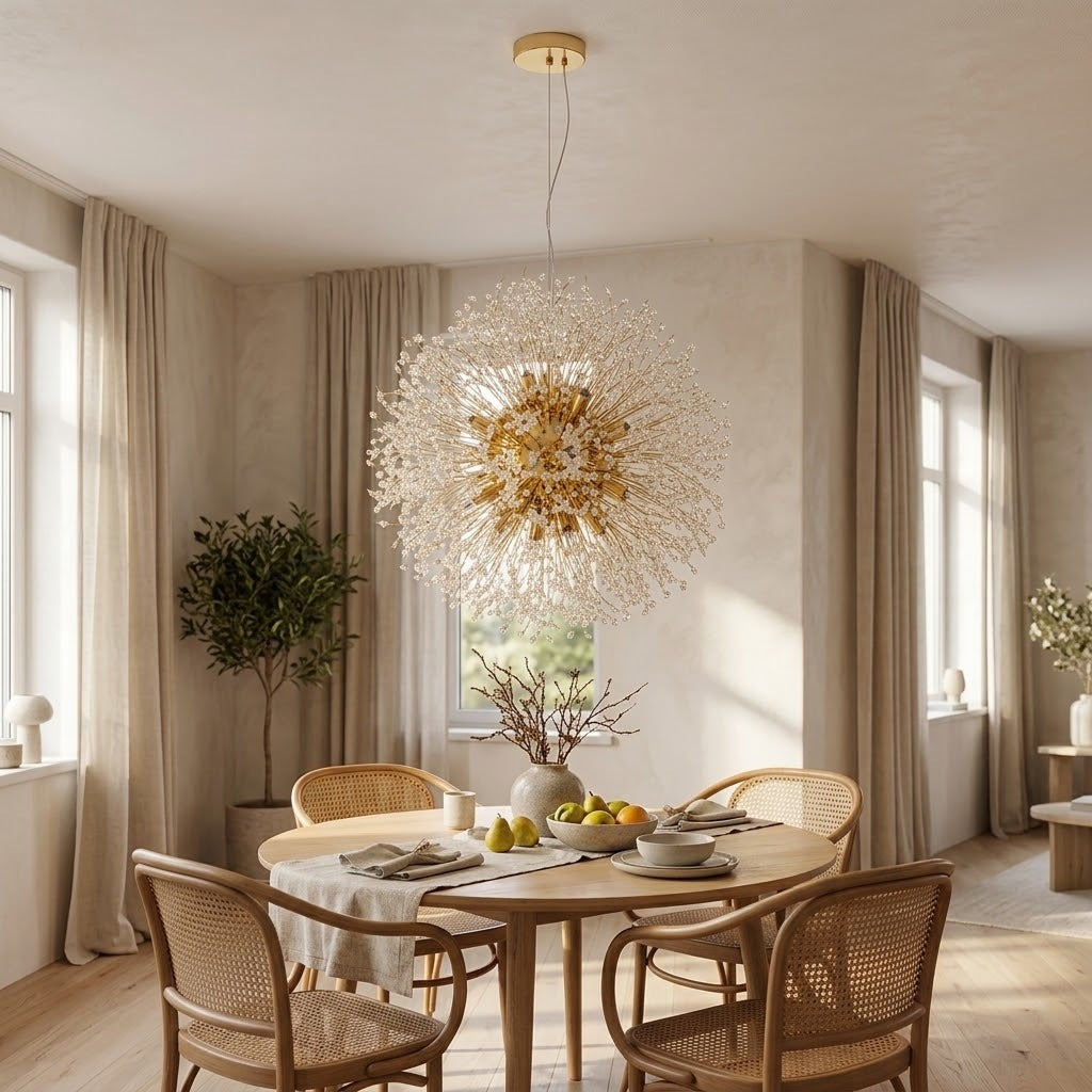 Lustre pissenlit doré éteint en journée dans une salle à manger lumineuse