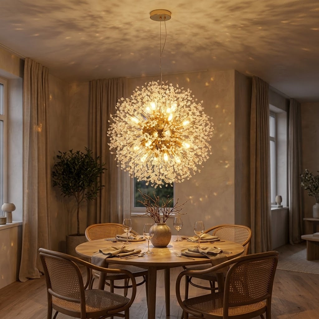 Reflets scintillants du lustre pissenlit sur le plafond
