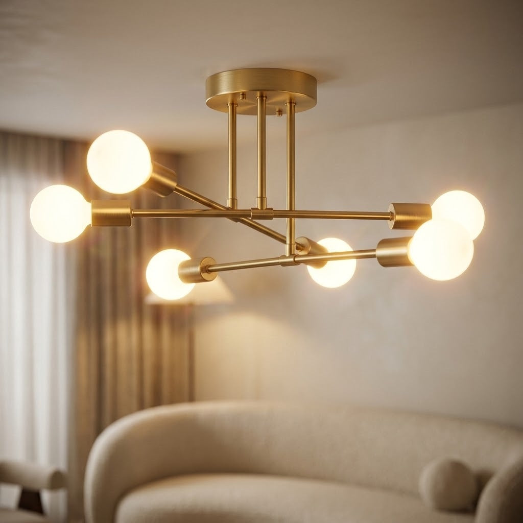 Détail des bras dorés et des globes opalins du lustre spoutnik