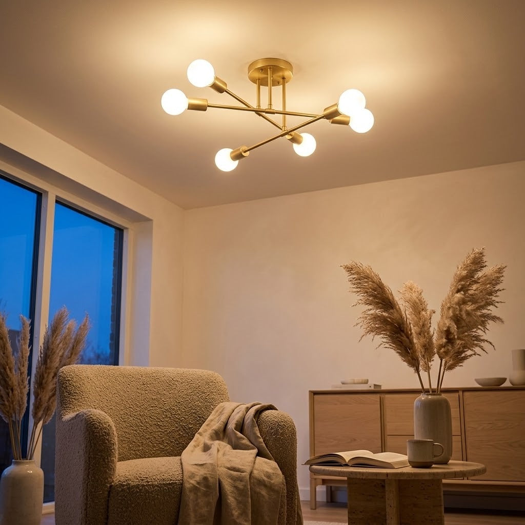 Lumière chaude du lustre spoutnik sur un coin lecture à la tombée de la nuit