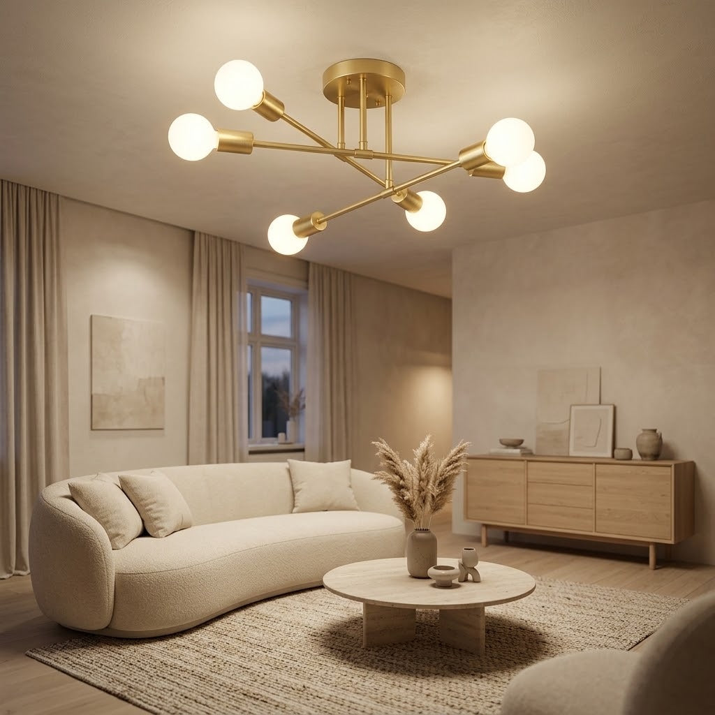 Lustre spoutnik doré allumé dans un salon japandi le soir