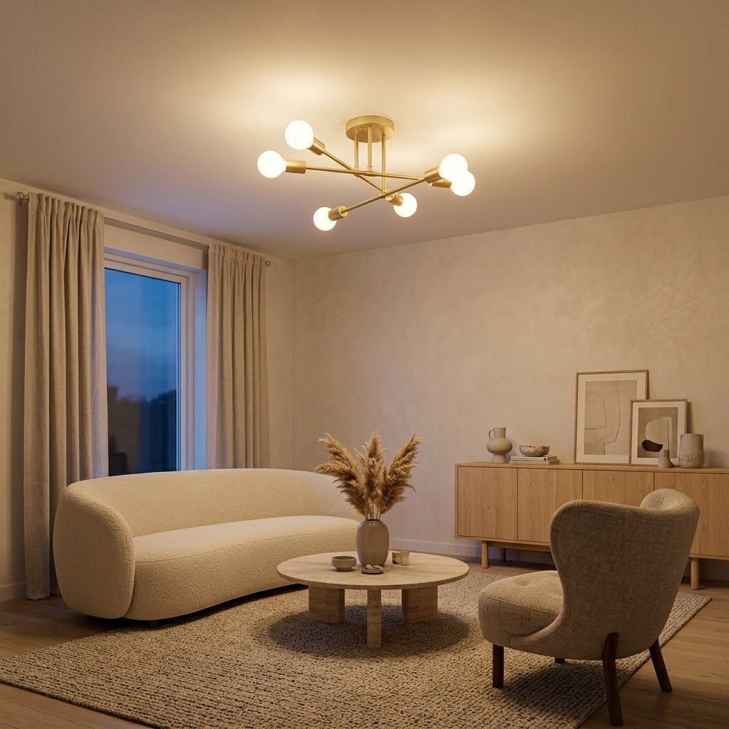 Lustre spoutnik doré 70 cm au plafond d'un séjour avec canapé bouclé