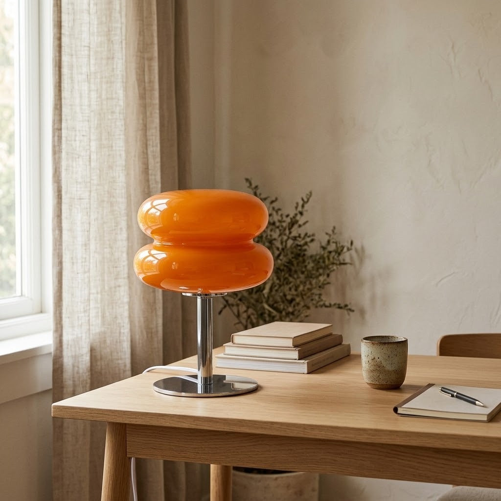 Lampe macaron orange éteinte sur un bureau en chêne, à la lumière du jour