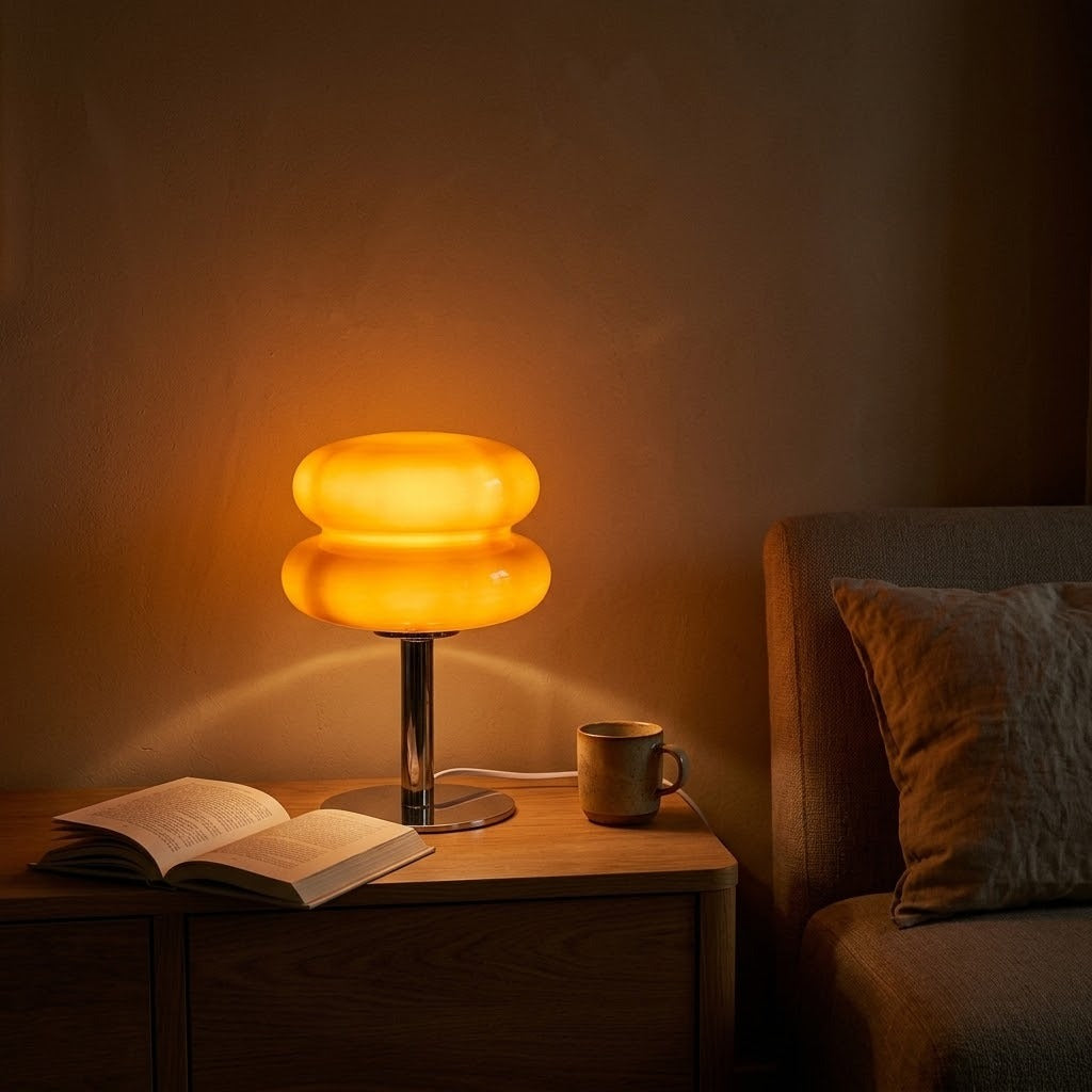Lampe macaron allumée de nuit, lueur ambrée douce sur un coin lecture