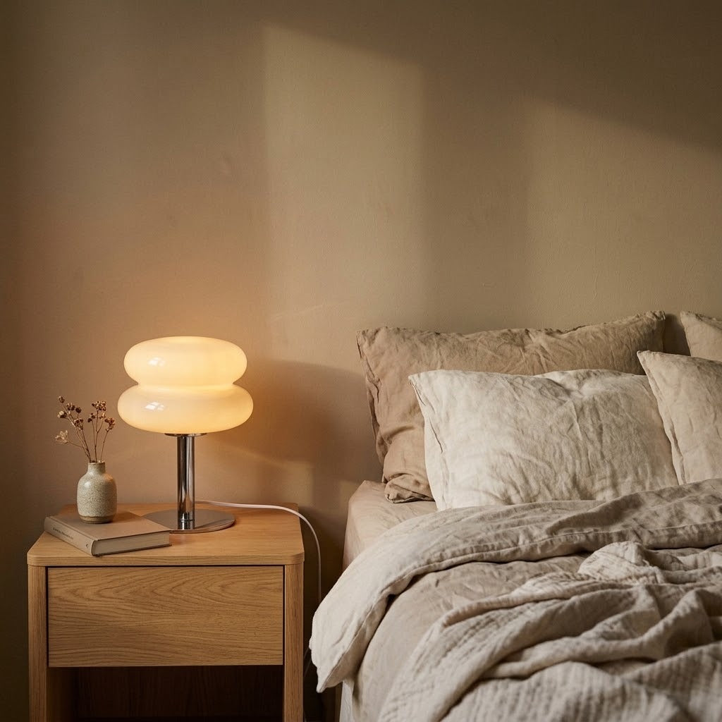 Lampe macaron coloris crème allumée sur une table de chevet