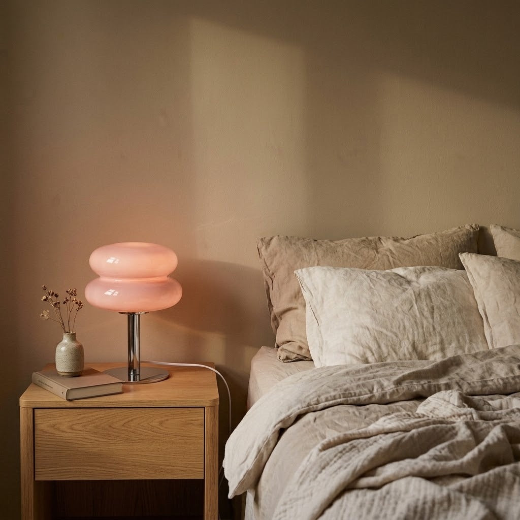 Lampe macaron coloris rose allumée sur une table de chevet