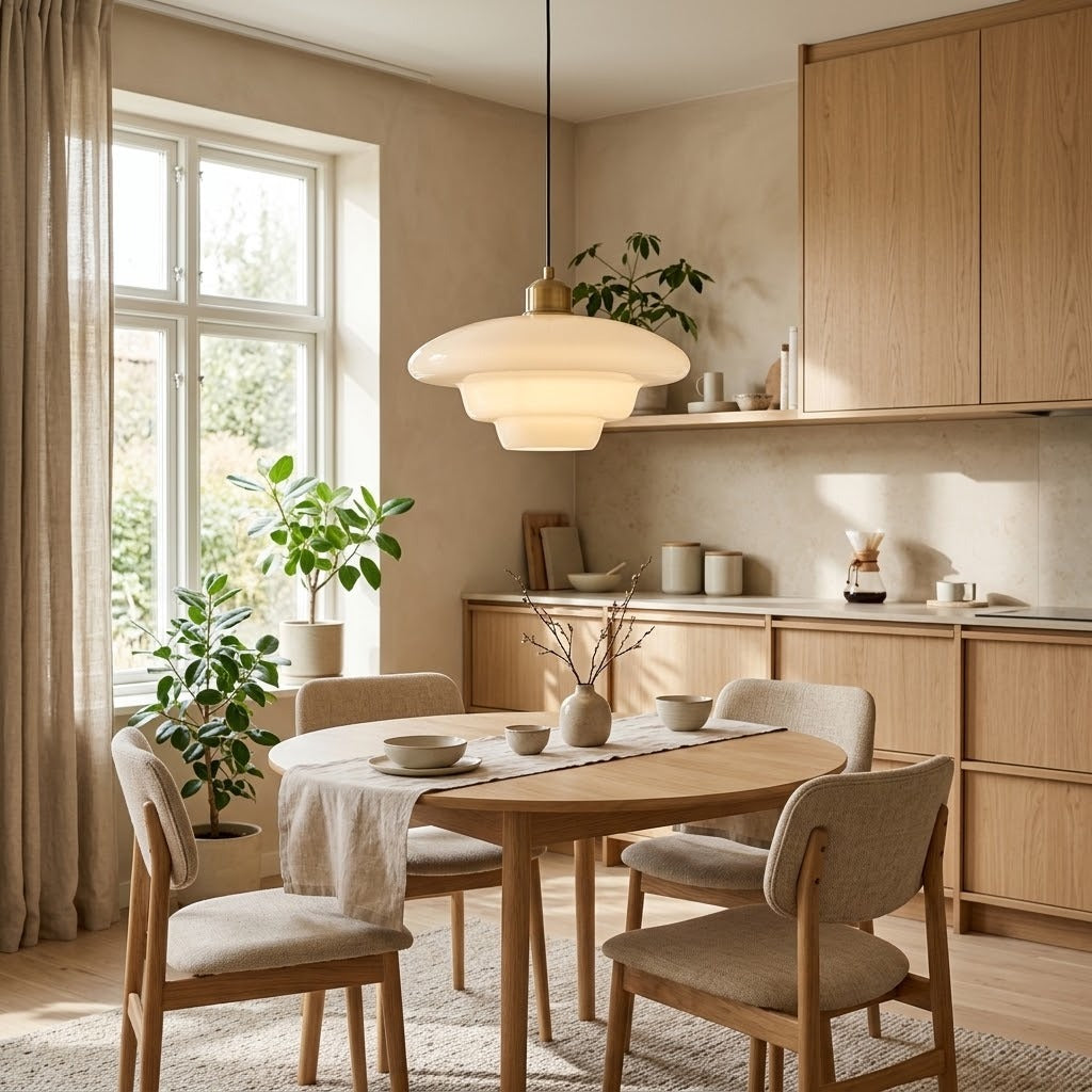 Suspension en verre opalin au-dessus d'une table en bois, à la lumière du jour