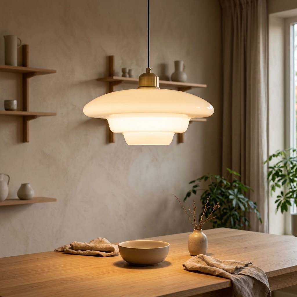 Suspension en verre opalin allumée, lumière douce et diffuse