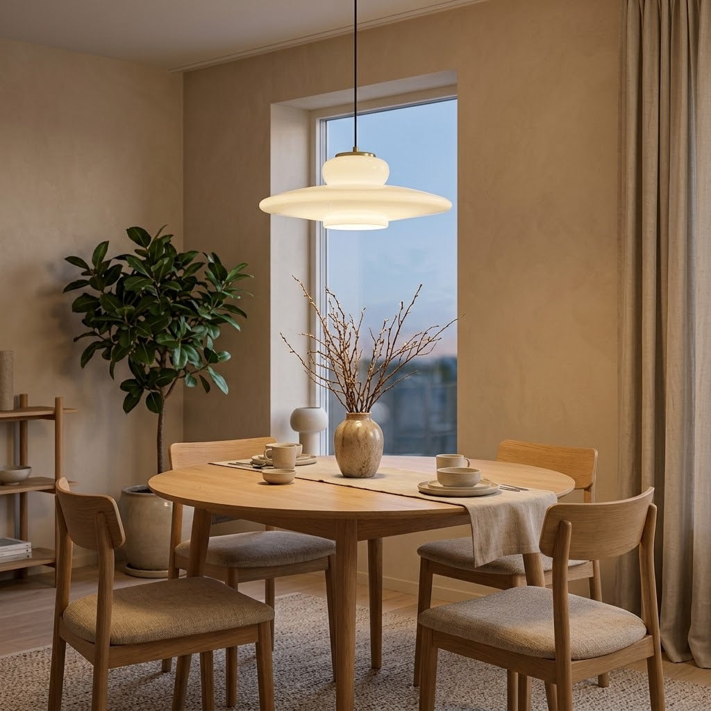 Modèle soucoupe Ø 32 cm : suspension en verre opalin et laiton au-dessus d'une table à manger