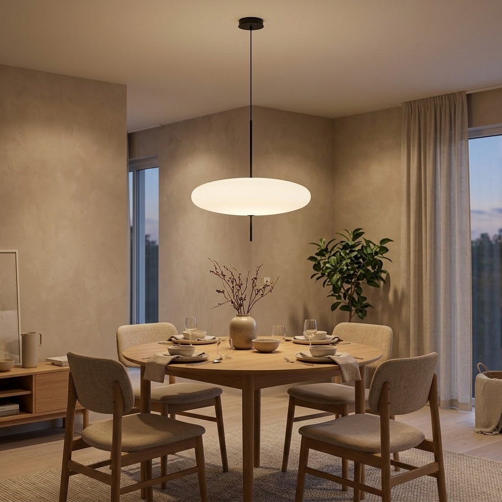 Suspension soucoupe blanche Ø 50 cm allumée au-dessus d'une table à manger, le soir