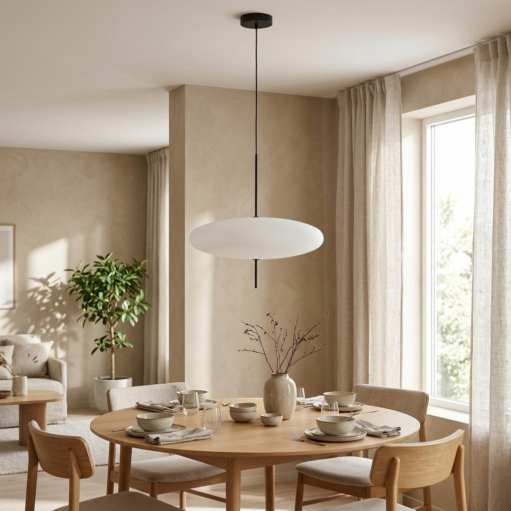 Suspension soucoupe blanche au-dessus d'une table en bois, à la lumière du jour