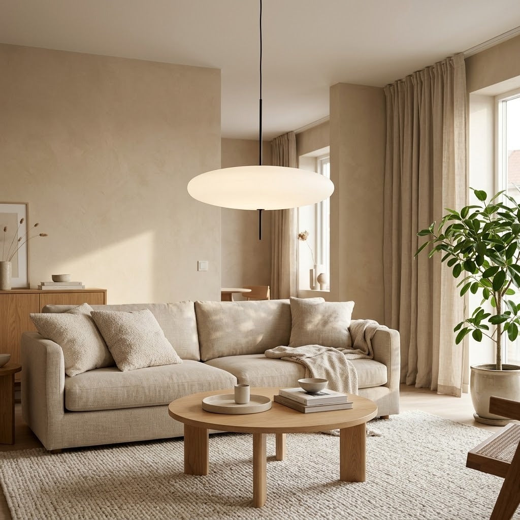Suspension soucoupe blanche dans un salon, pour juger de sa taille
