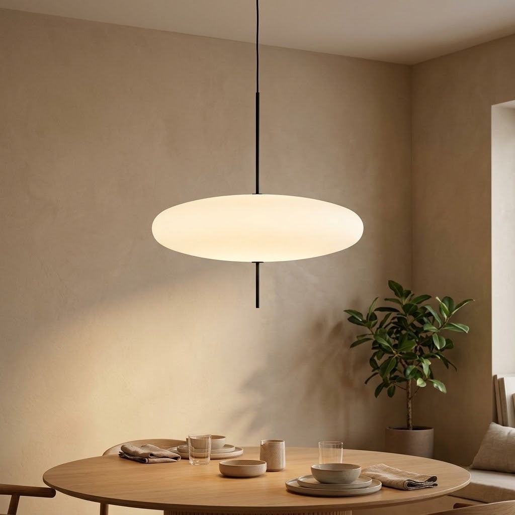 Suspension soucoupe allumée, lumière douce et homogène sur la table