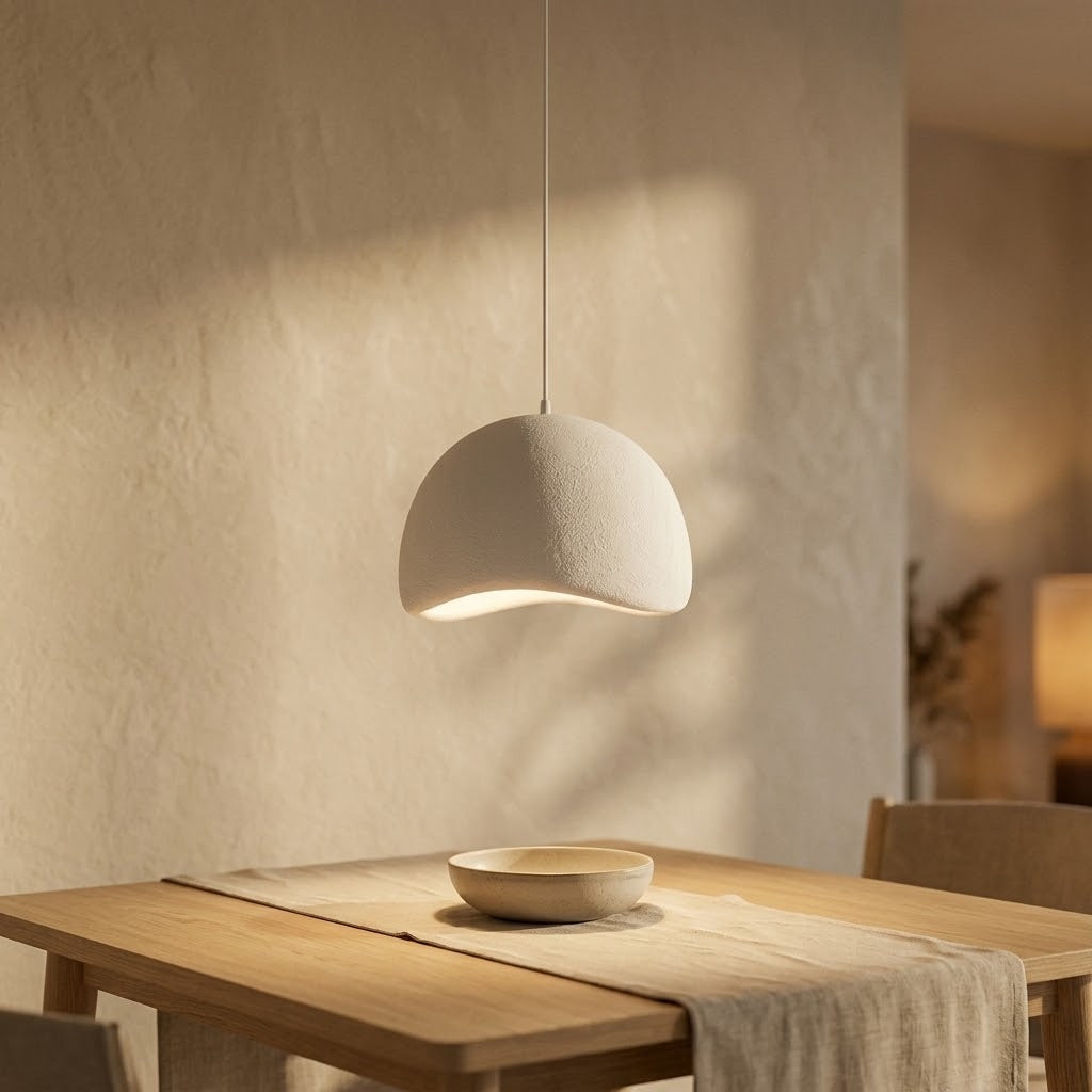 Lumière chaude de la suspension galet sur une table en chêne