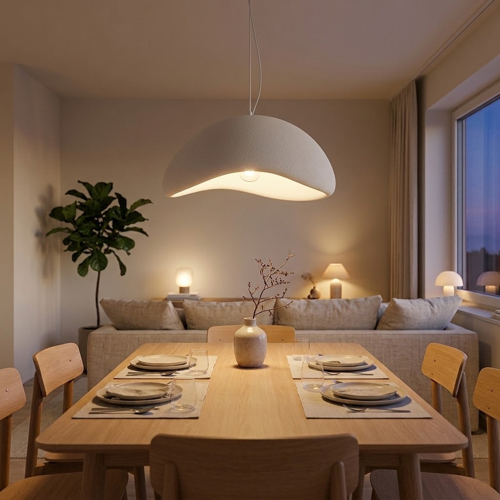 Suspension galet plat 50 cm allumée au-dessus d'une grande table à manger