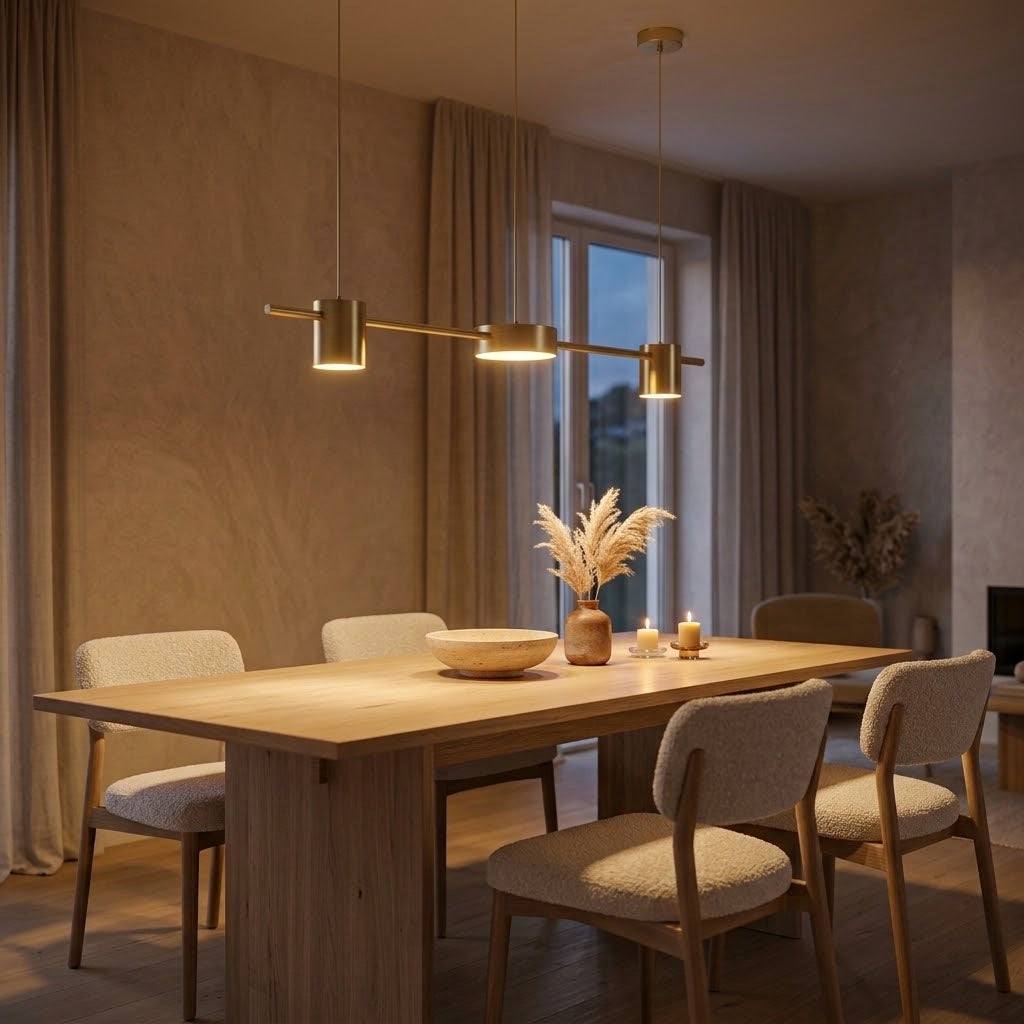 Suspension LED linéaire dorée 3 spots (75 cm) allumée au-dessus d'une table en chêne
