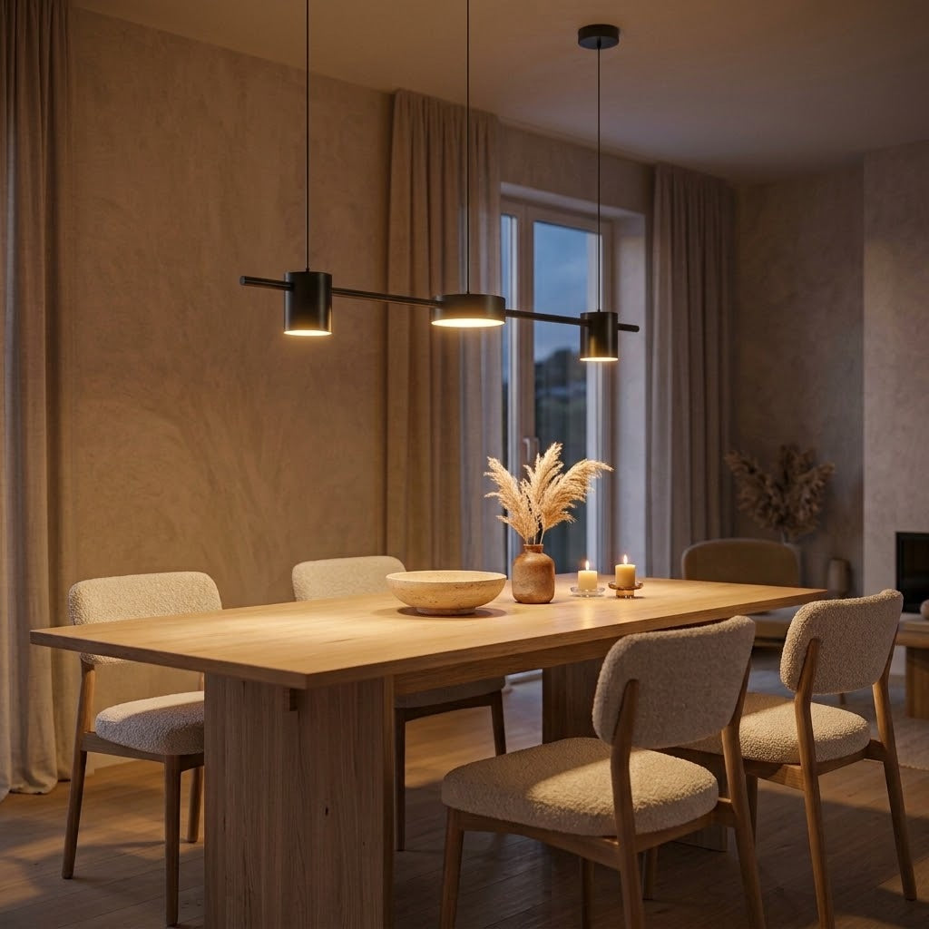 Suspension LED linéaire noire 3 spots (75 cm) allumée au-dessus d'une table en chêne