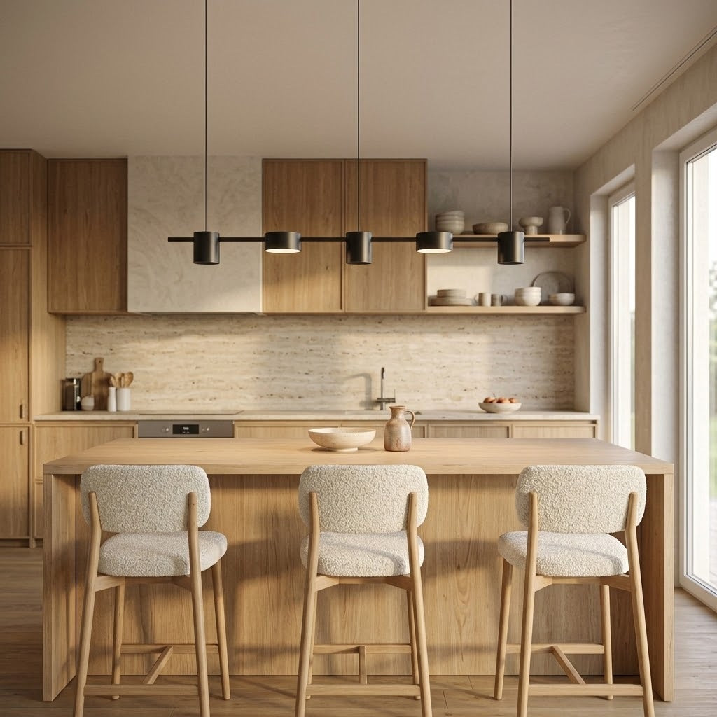 Suspension linéaire noire 125 cm au-dessus d'un îlot de cuisine en chêne