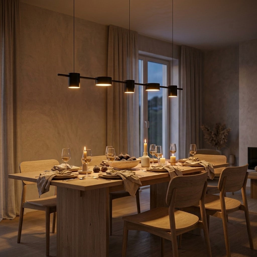 Cinq halos de lumière chaude sur une table dressée pour le dîner