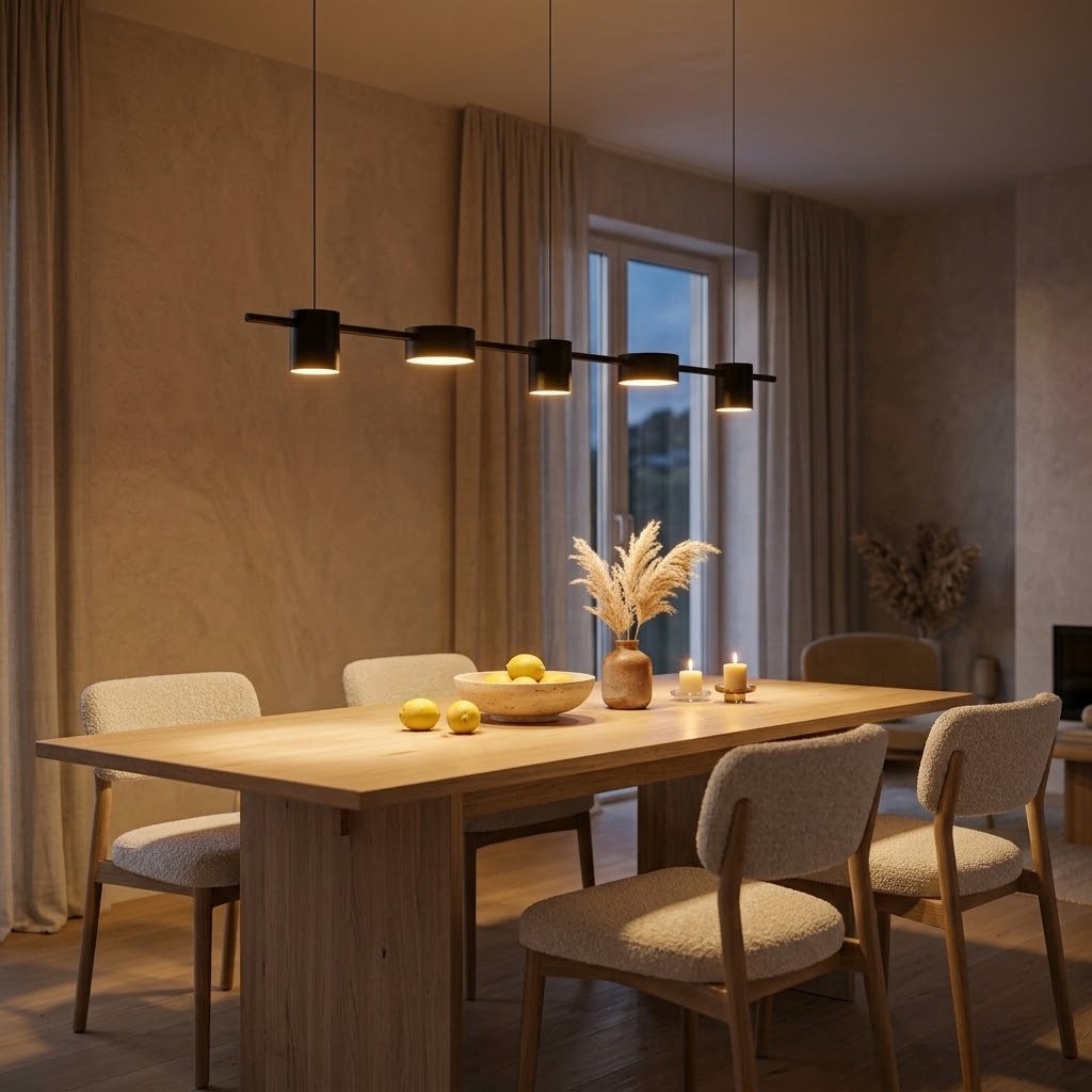 Suspension LED linéaire noire 5 spots allumée au-dessus d'une table en chêne le soir
