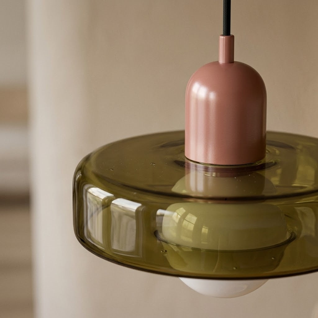 Détail du verre soufflé fumé et du capuchon rose de la suspension Bauhaus
