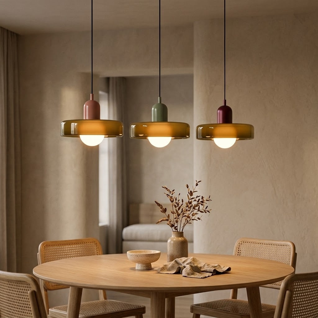 Trois suspensions Bauhaus en verre fumé allumées, capuchons rose poudré, vert sauge et bordeaux