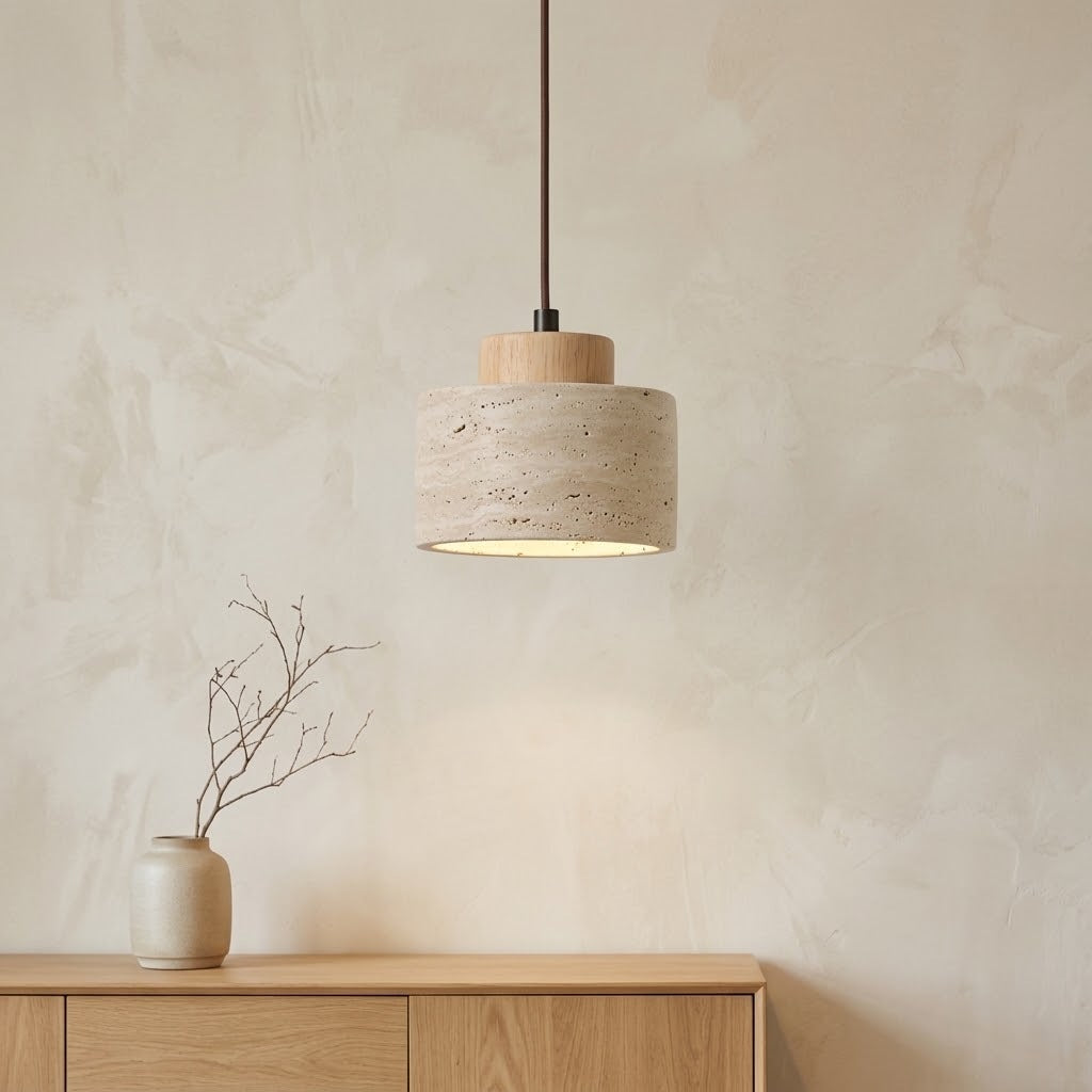 Suspension wabi-sabi en travertin, forme large Ø 12 cm, bois clair