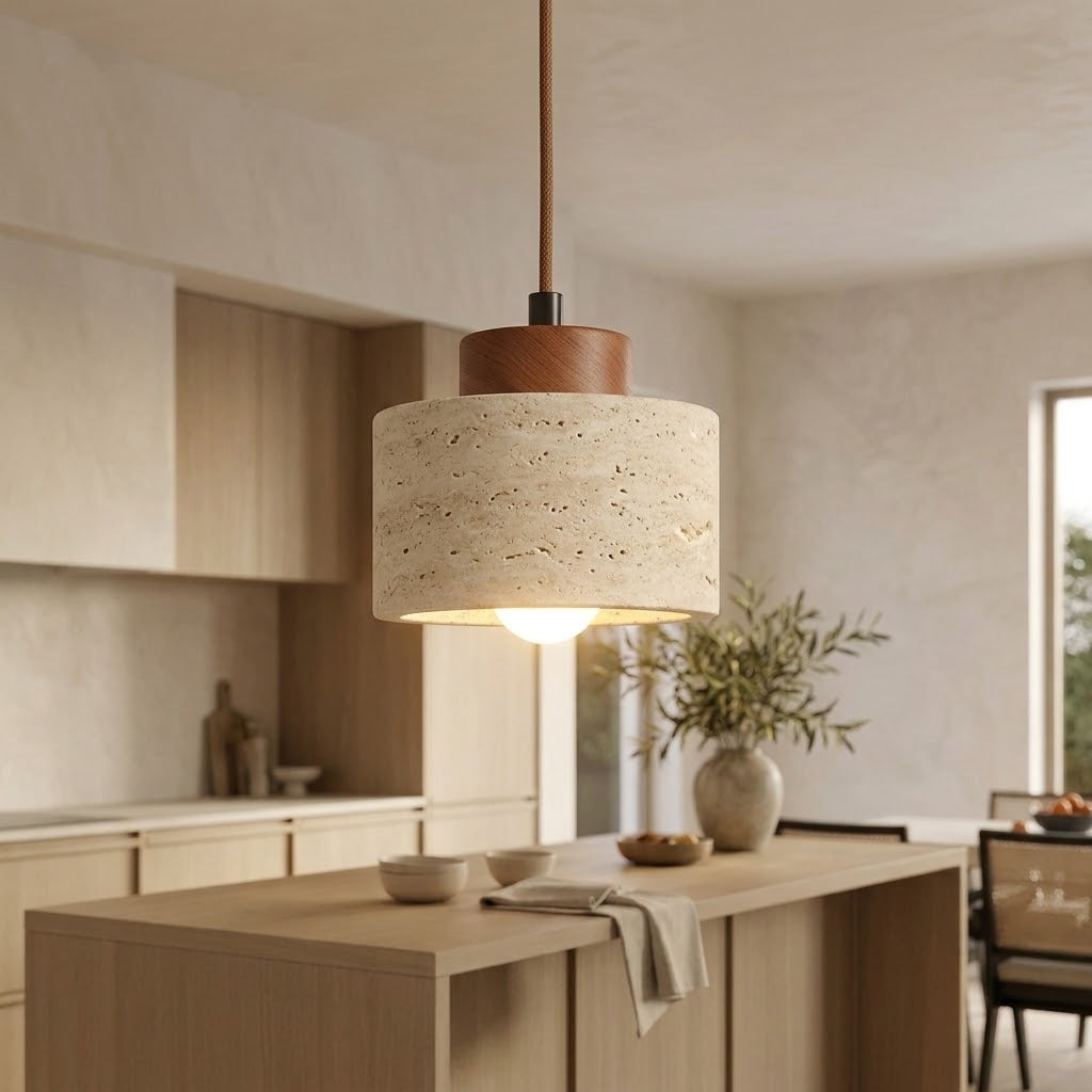 Détail de la texture du travertin naturel et du capuchon en bois