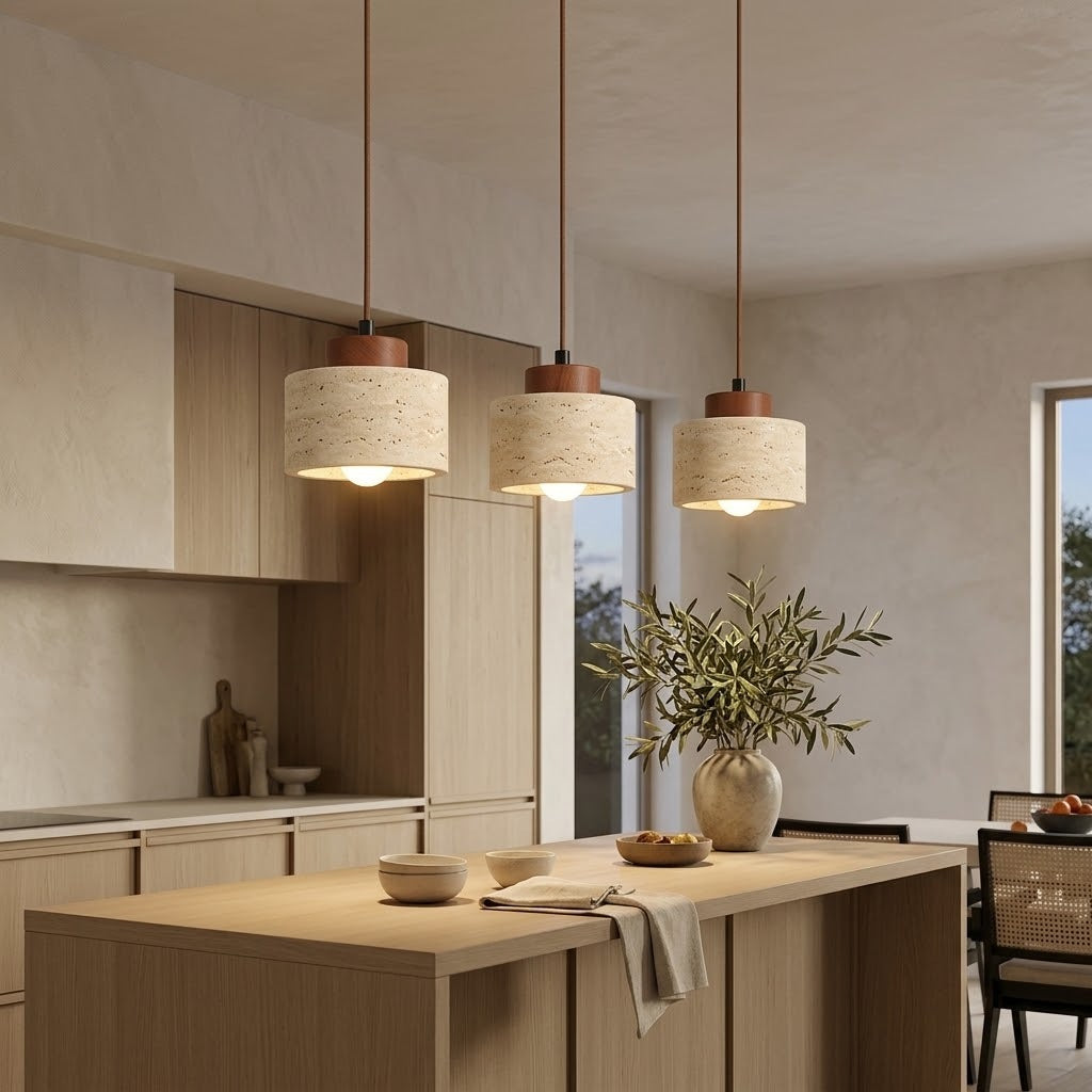 Lumière chaude des suspensions en travertin sur un îlot de cuisine