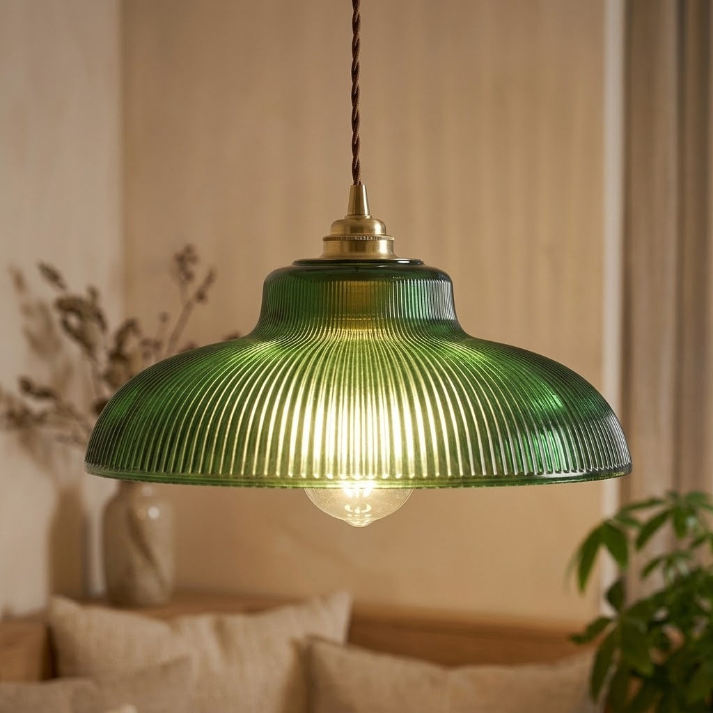 Gros plan sur les cannelures du verre vert et la douille couleur laiton