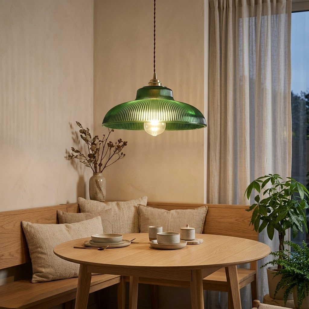Suspension en verre strié vert allumée le soir au-dessus d'une table ronde en chêne