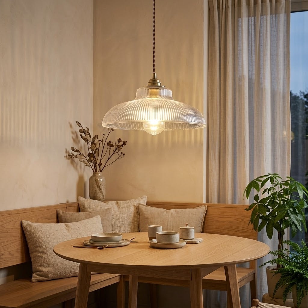 Suspension en verre strié transparent allumée au-dessus d'une table ronde